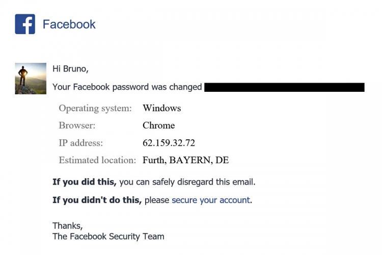 The email warning that we received from Facebook, which allowed us to submit a criminal complaint in Germany, to the attention of the power of attorney of the Staatsanwaltschaft Nürnberg-Fürth
