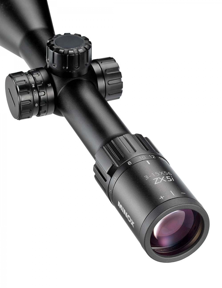 Detail view of the ocular of a Minox ZX5i 3-15x56 SF riflescope