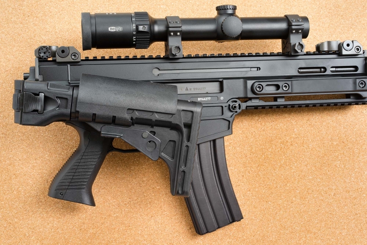 The stock of the CZ 805 BREN S1 rifle folds sideways for transport and can be extended to match the build of any shooter