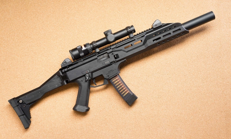 A long-barrel version of the CZ Scorpion EVO-3 S1 semi-automatic carbine, as distributed on the north American market