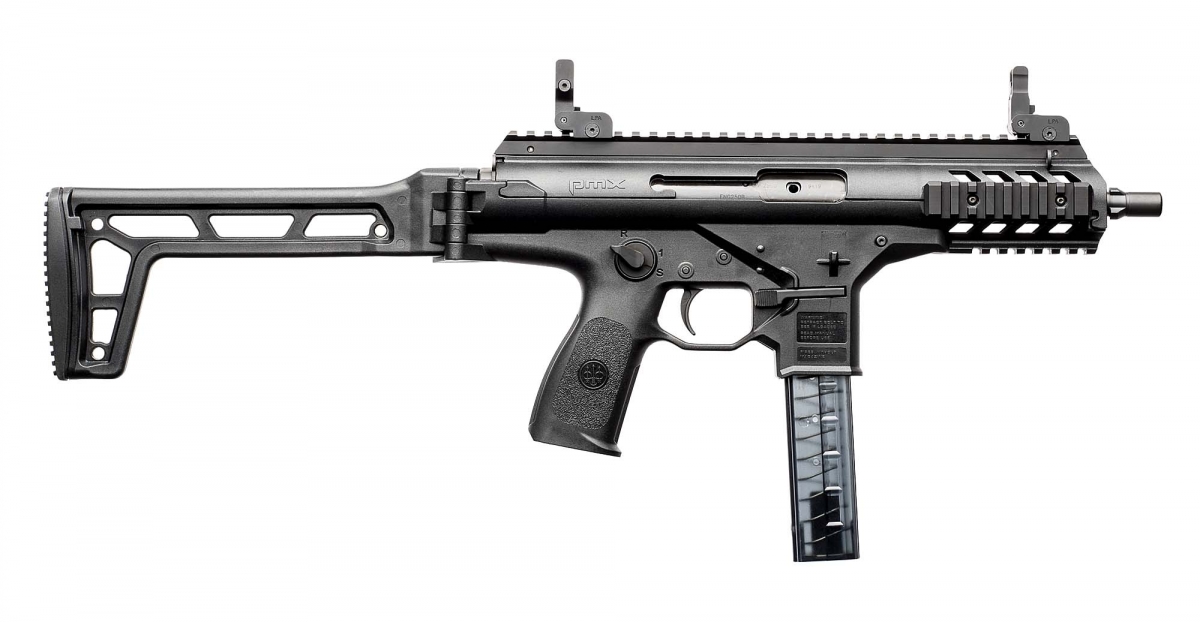 The Beretta PMX sub-machine gun seen from the right side, with its stock unfolded