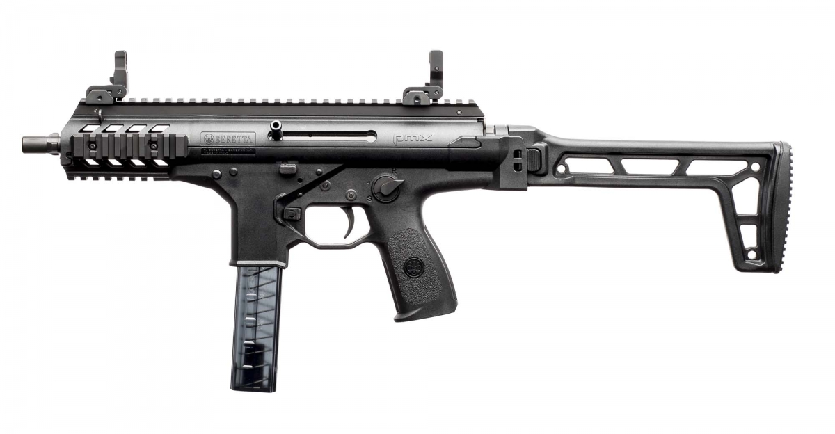 Beretta's new SMG, the PMX, seen from the left side, stock unfolded