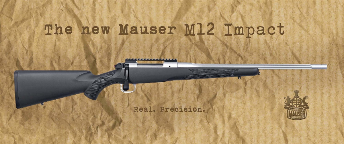 Side view of the new Mauser M12 Impact rifle in an official ad from Mauser