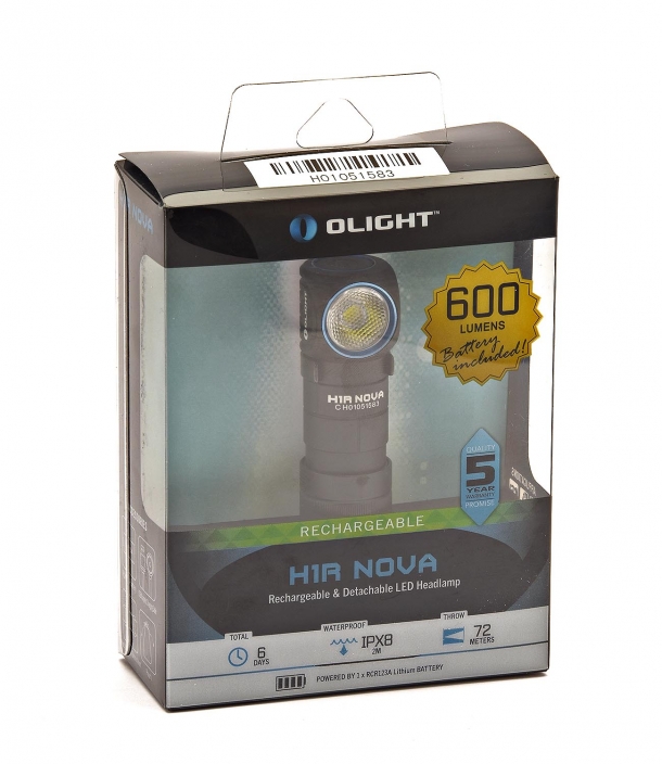 The Olight H1R Nova flashlight in its box
