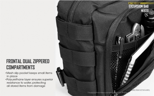 The frontal dual zippered compartments and side loops