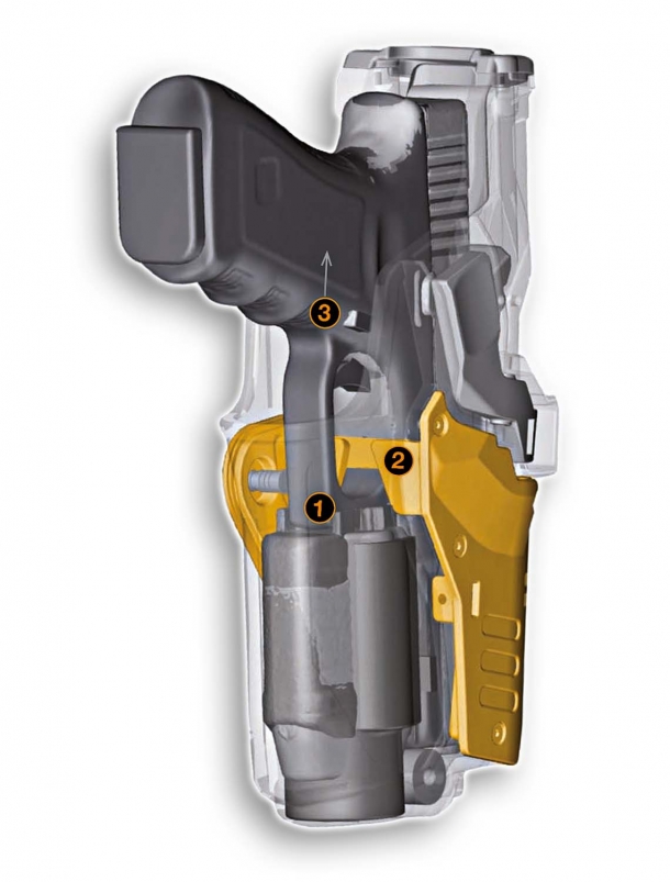 Radar CRAB-PRO pistol holster Sectioned view of the pistol holster, with the CRAB system (in yellow)