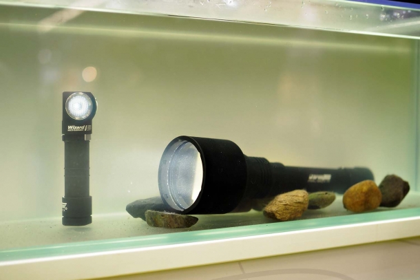 The ArmyTek Wizard Pro flashlight is water resistant to 10 meters