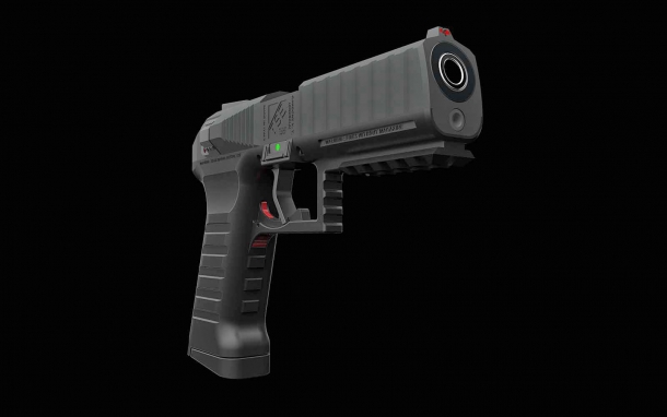 Among the features of the 'Symmetrical' pistol design is a SA/DA trigger with a slide-mounted decocker and manual safety