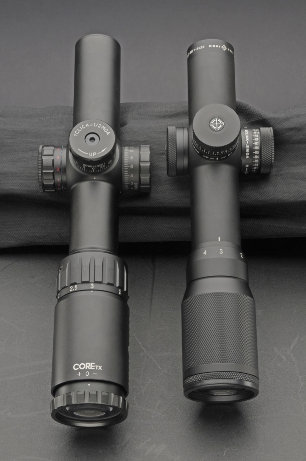 (left) Sightmark Core TX 1-4x24 AR-223 BDC, (right) Sightmark Rapid AR 1-4x20 SHR-223