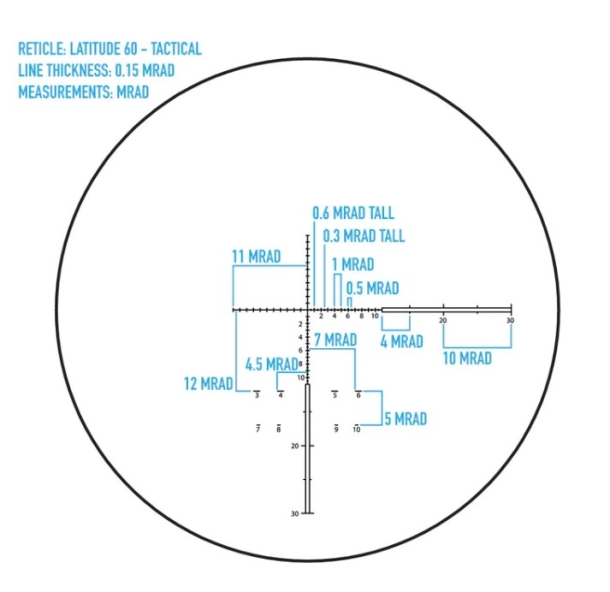 Il reticolo MRAD ha funzione di telemetro, dotato di stadia con linee alla larghezza delle spalle di una figura umana, per una rapida telemetria