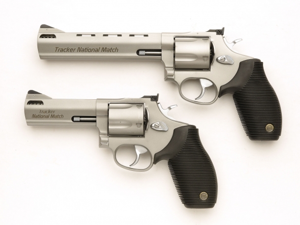 Left side of the revolvers, with the 4" ported barrel variant under the 6.5" barrel model
