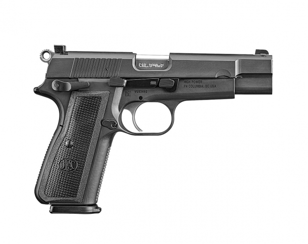 FN America High Power 9mm Luger semi-automatic pistol – right side, black version with black polymer grips