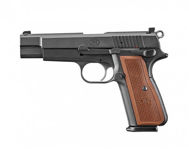 FN America High Power 9mm Luger semi-automatic pistol – left side, black version with wooden grips