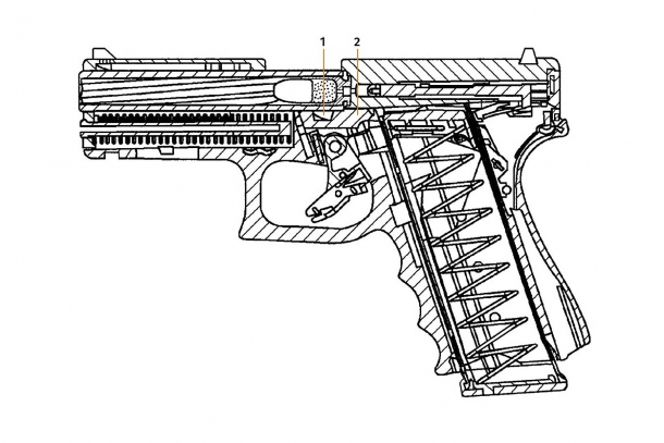 A schematic of the new Glock 46 rotating-barrel pistol, from one of the patents