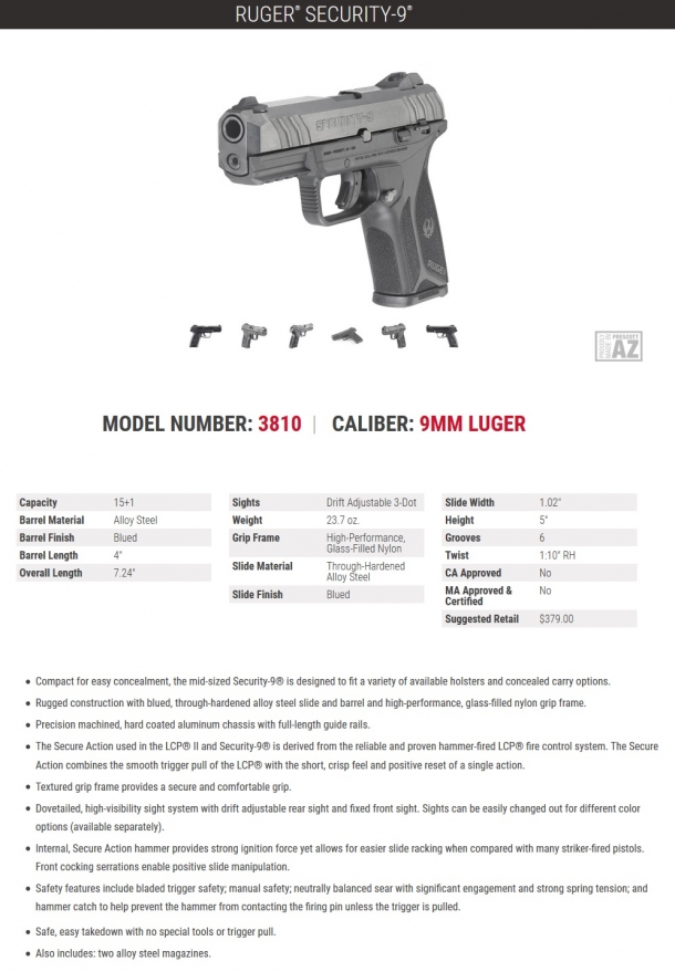 The technical specs of the new Ruger Security-9 pistol