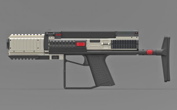 The Bullpup Pistol TSE with a collapsible stock and snap-on suppressor
