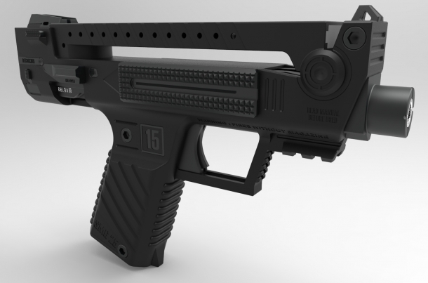A CAD drawing of the ambitious bullpup pistol engineered by Tecnostudio of Italy