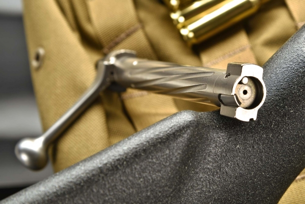 A close-up of the bolt head, with two locking lugs