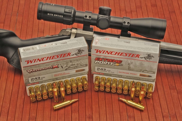 The two .243 Winchester loads used to test the rifle: 58 grains VarmintX Polymer Tip, and the 95 grains Extreme Point