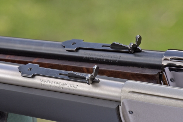 The half-buckhorn rear sights, adjustable in height and vindage (losening the fixing screw)