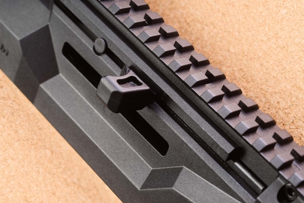 The charging handle of the CZ Scorpion EVO 3 is reversible