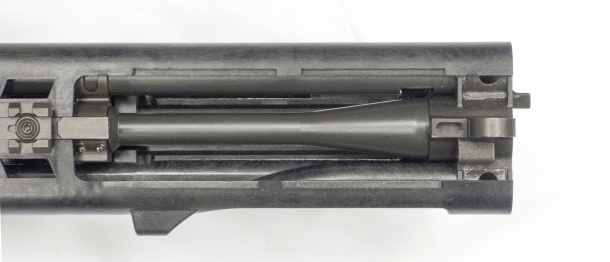 The barrel of the BR18 is entirely contained in the upper receiver, with metal inserts where extra resistance is required