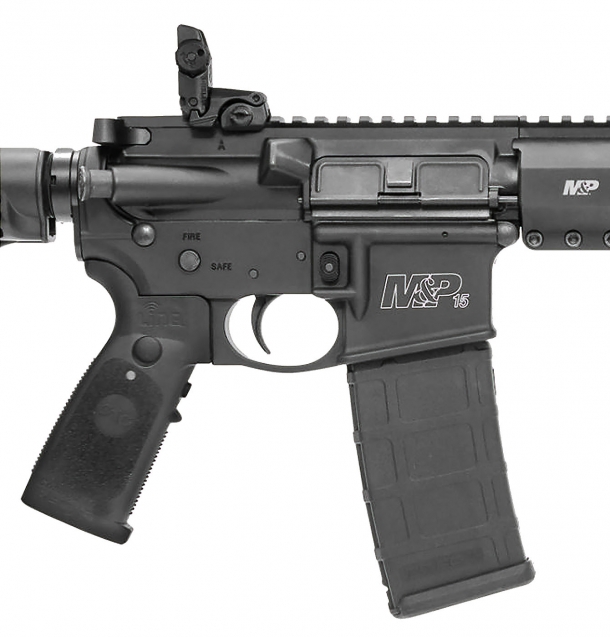 The Smith & Wesson M&P15T Rifle receiver, with the Crimson Trace LiNQ grip