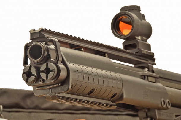 The KSG comes with a full-length top Picatinny rail and with a shorter rail under the handguard