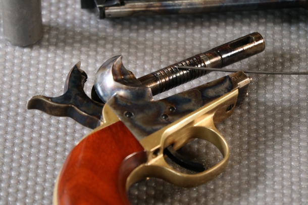 The cylinder arbor (here an Uberti 1851 Navy) is one of the critical components for reliability, and must be liberally oiled. 