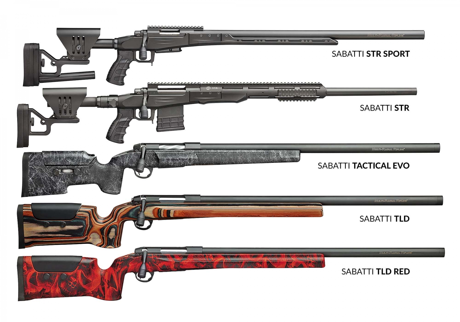 I modelli di carabine Sabatti più utilizzati nell'evento: STR Sport, STR, Tactical EVO (e precedenti versioni), TLD 