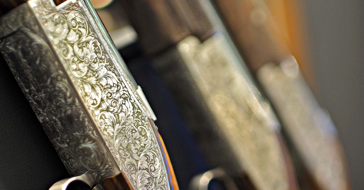 Detail of the engraving of a Browning B15 shotgun from the John Moses Browning Collection